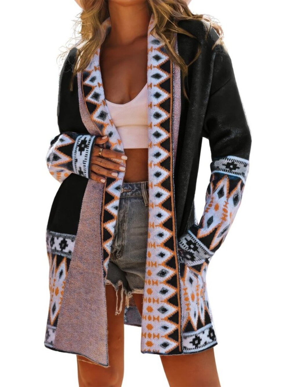 Women's Fashion Aztec Print Jacquard Knit Open Front Cardigan Lapel Long Sleeve